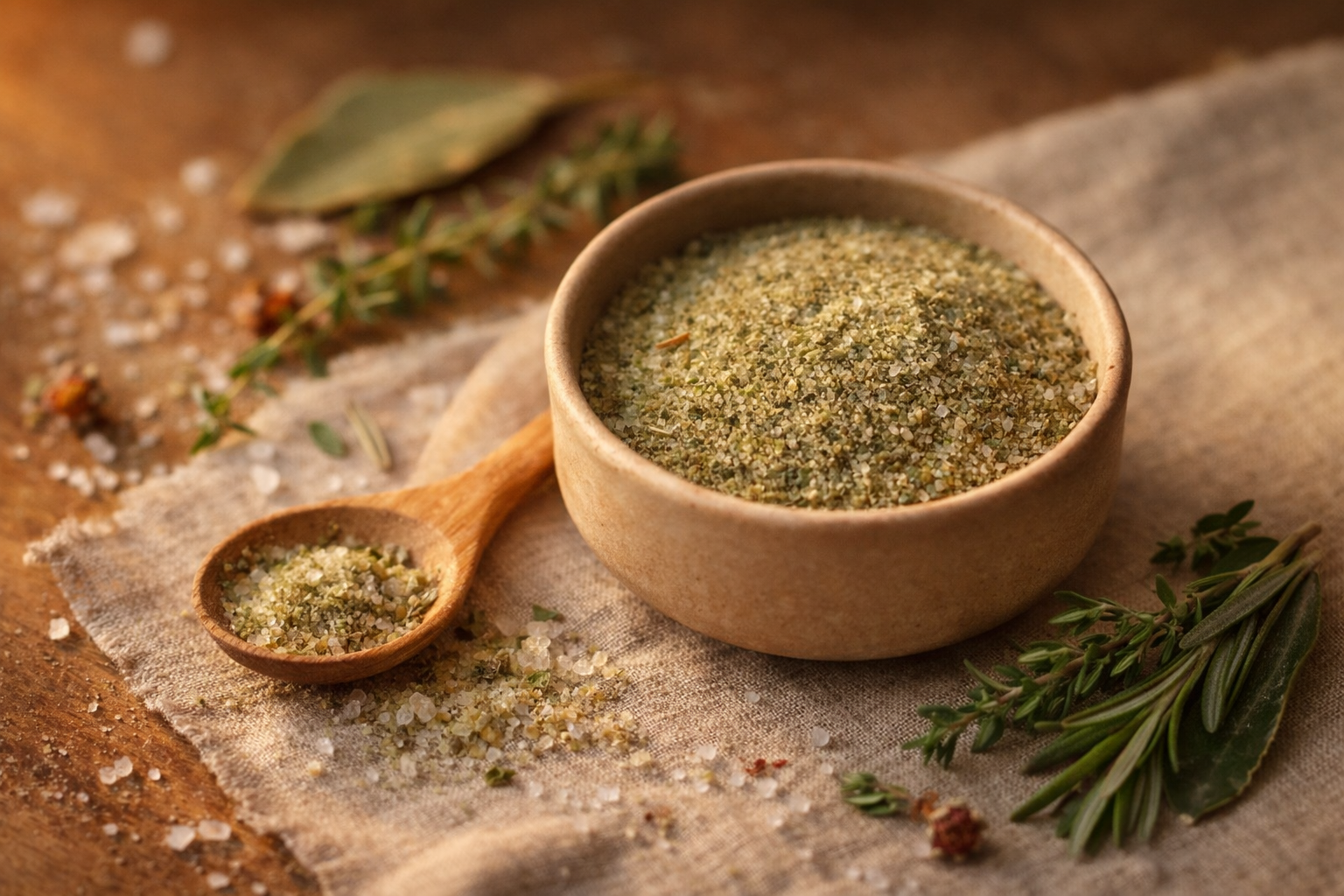 Sel marin gris enrichi en herbes sauvages séchées